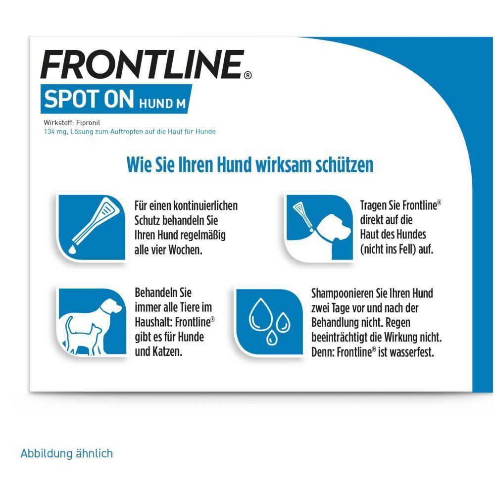 Produktinformationen: FRONTLINE® SPOT ON Hund M. Anwendungshinweise und Illustrationen.