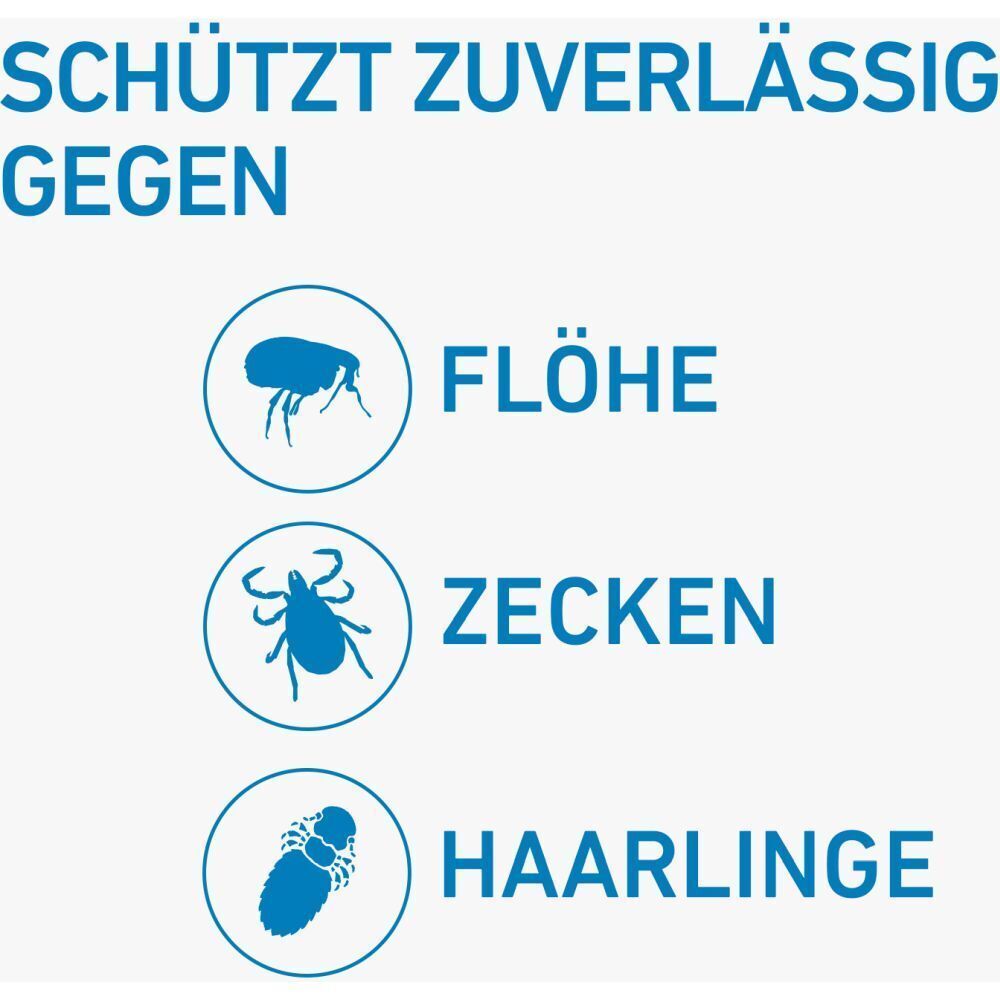Kreisförmige Symbole mit Flöhen, Zecken und Haarlingen. Text: Schützt zuverlässig gegen Flöhe, Zecken, Haarlinge.