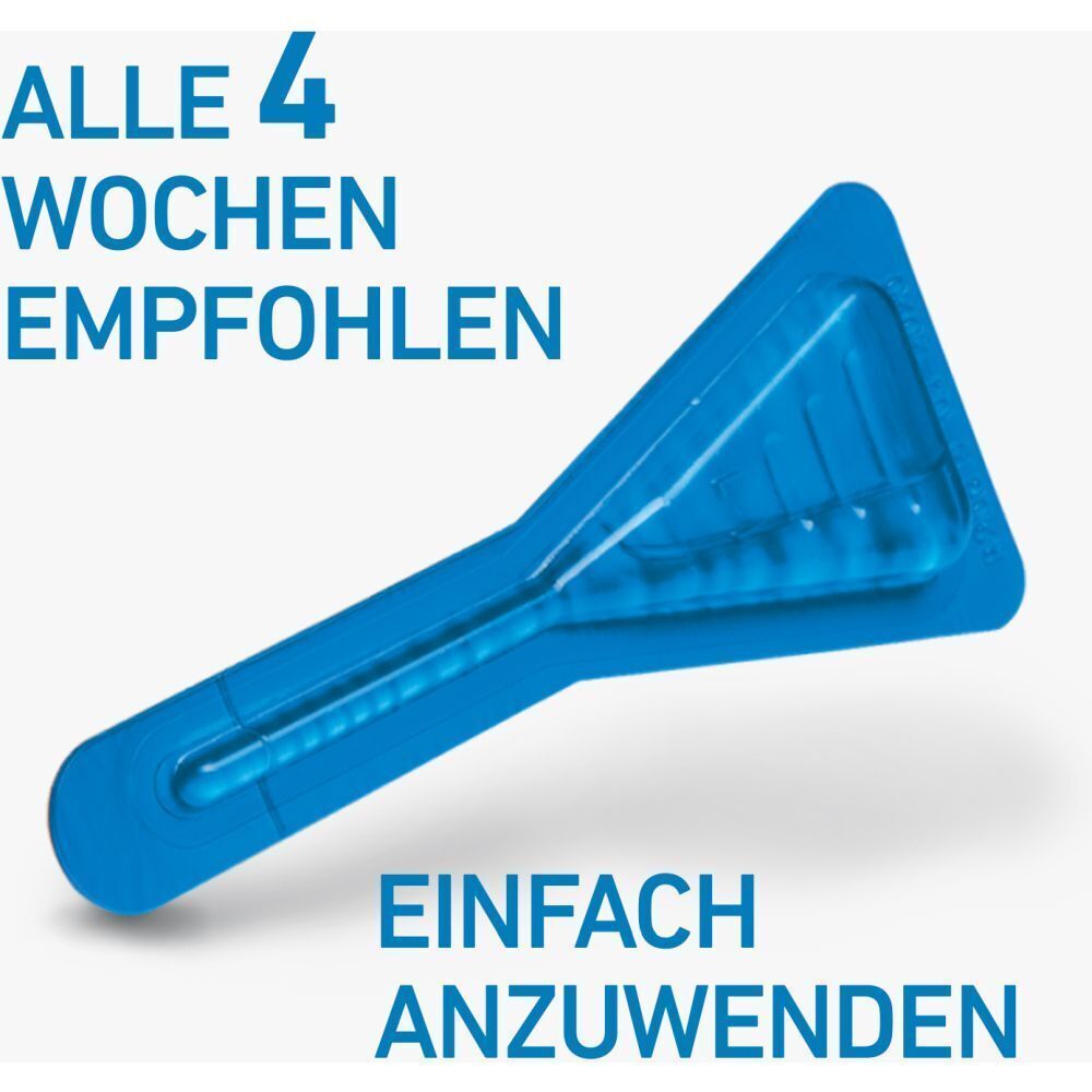Blaue Verpackung mit Pipette. Text: Alle 4 Wochen empfohlen. Einfach anzuwenden.