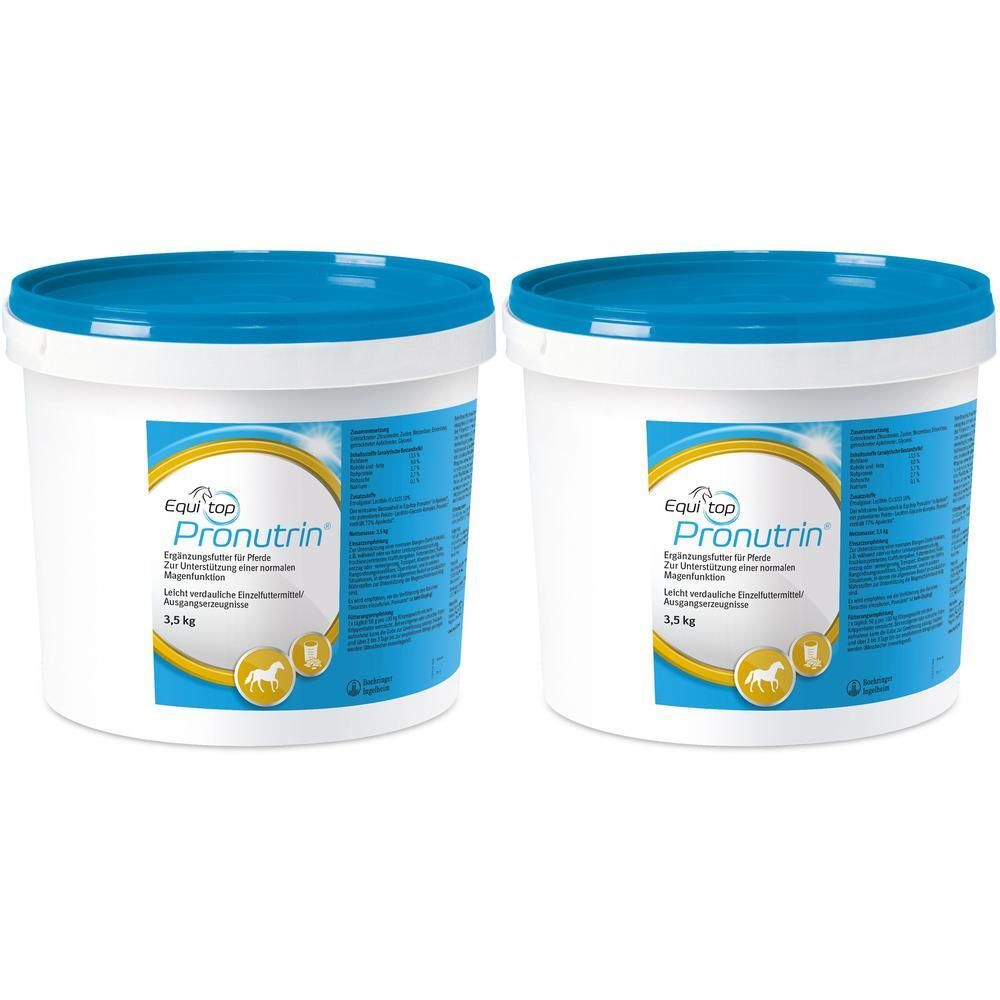 Zwei weiße Eimer mit blauem Deckel. Aufschrift Equitop Pronutrin®. 2,5 kg.