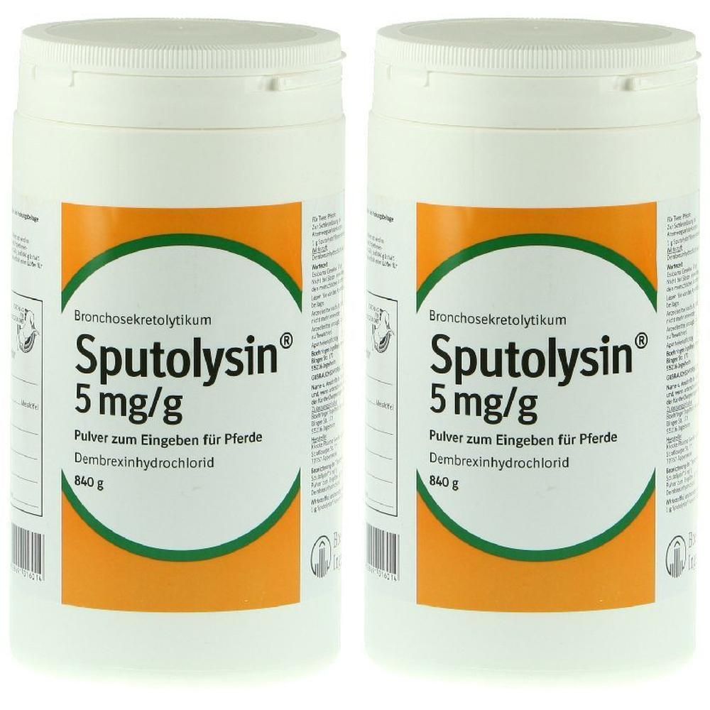 Zwei weiße Behälter mit orangefarbenen Etiketten. Aufschrift: Sputolysin® 5 mg/g. Grün umrandet. Pulver zum Eingeben für Pferde.