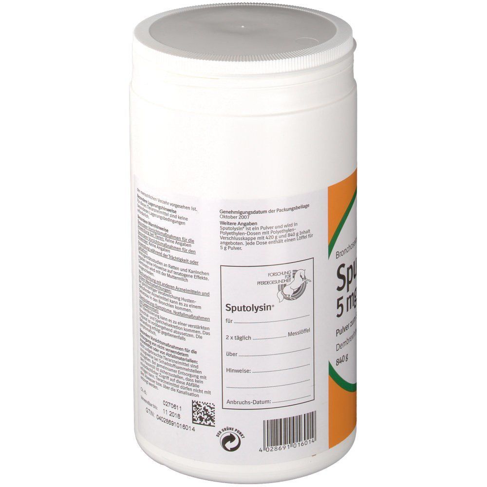 Weißer Behälter mit orangefarbenem Etikett. Aufschrift: Sputolysin® 5 mg/g. Text und Barcode. Boehringer Ingelheim Logo.