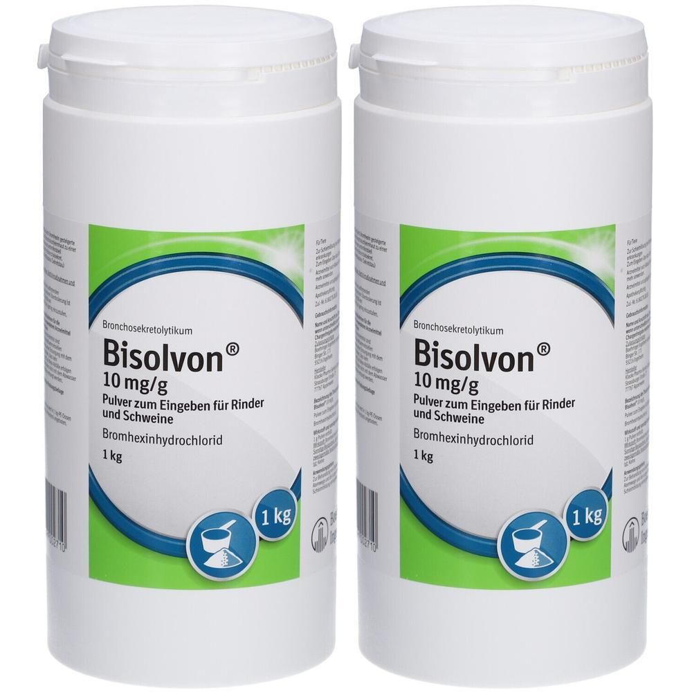 Zwei weiße Behälter mit Deckel. Aufschrift: Bisolvon 10 mg/g, Pulver für Rinder und Schweine. 1 kg.