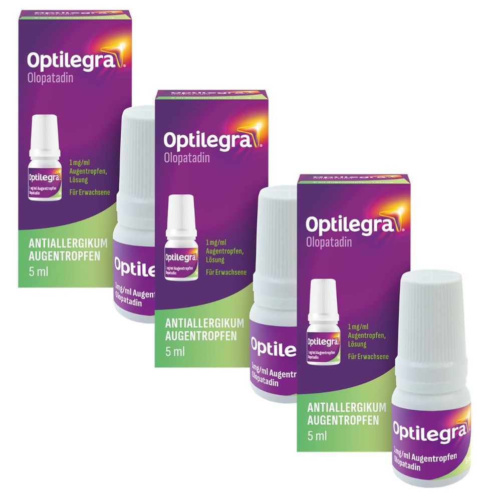 Mehrere Packungen und Flaschen Optilegra® Augentropfen. Verpackung mit Produktnamen und Inhaltsangabe. Flaschen mit weißem Verschluss.