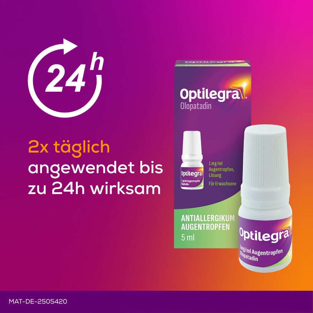 Optilegra® Augentropfen und Verpackung. Text: '2x täglich angewendet bis zu 24h wirksam'. Uhrsymbol. Produktname und Inhaltsangabe.
