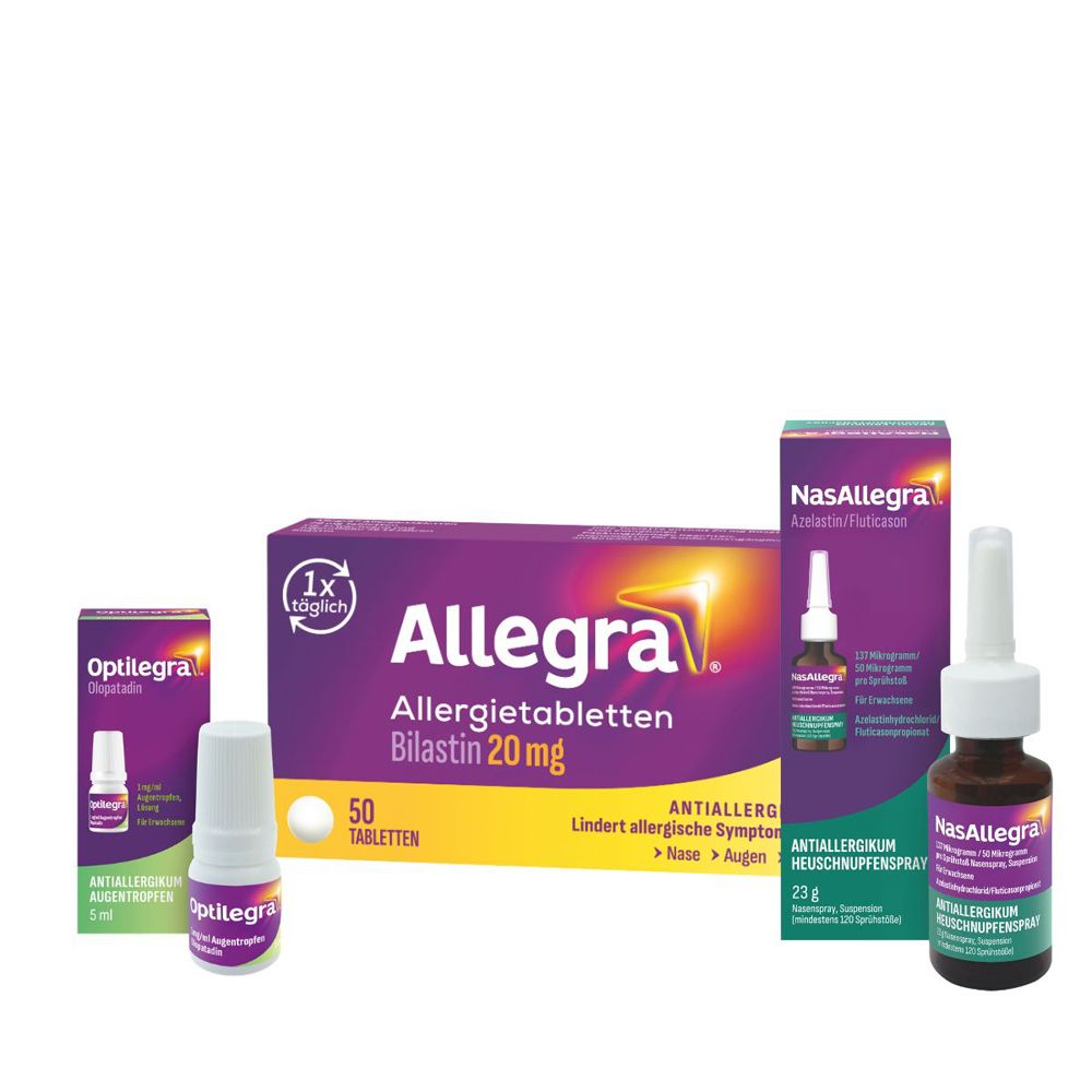 Verschiedene Allergieprodukte: Optilegra Augentropfen, Allegra Tabletten, NasAllegra Heuschnupfenspray.