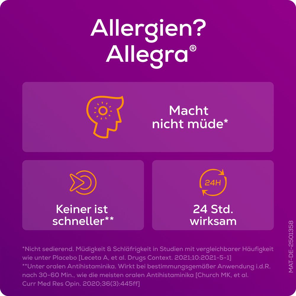 Infografik: Allegra hilft bei Allergien. Text: Macht nicht müde, schneller, 24h wirksam.