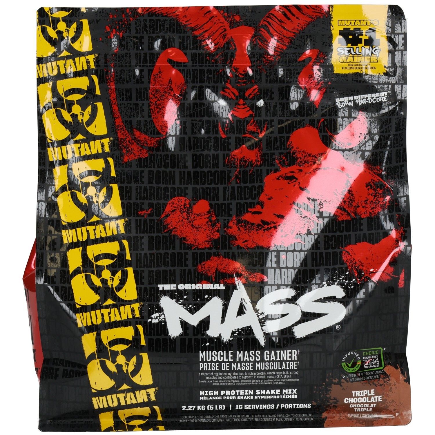 Mutant Mass High Protein Shake Mix Beutel in Schwarz mit rotem und gelbem Design. Enthält Produktinformationen und Markenschriftzug.