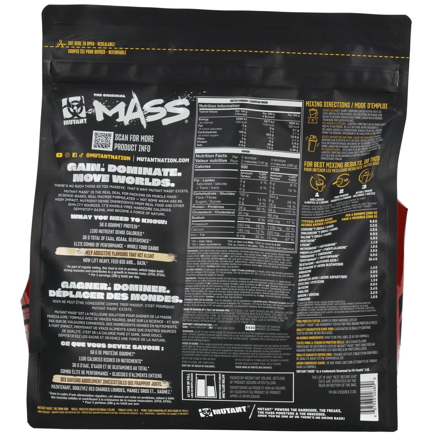 Rückseite eines Beutels mit Muskelmasse-Gainer, "The Original Mass", mit Nährwertangaben.