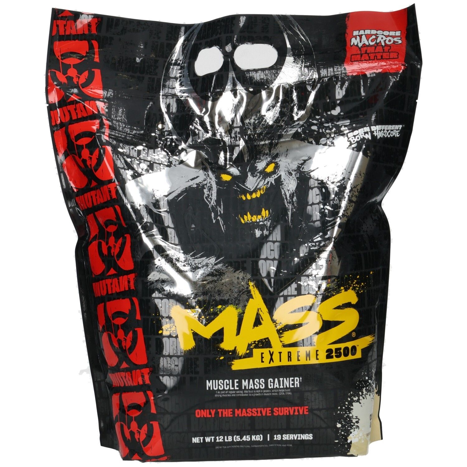 Schwarzer Beutel mit Monstergrafik und "MASS EXTREME 2500" Aufschrift.