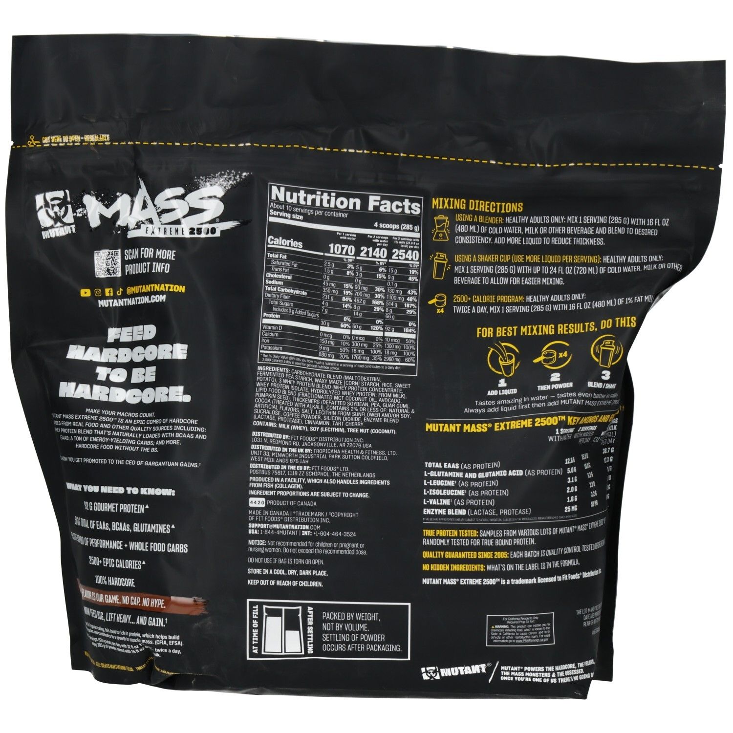 Rückseite des Mutant Mass Extreme 2500 Gainer Beutels mit Nährwertangaben und Zubereitungshinweisen.