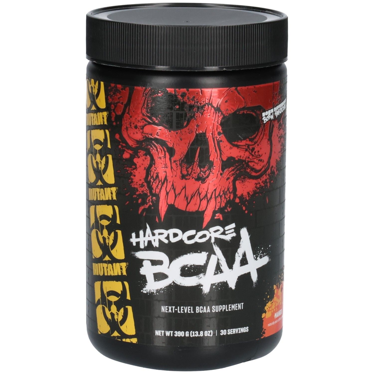 Schwarzer Behälter mit Hardcore BCAA-Aufschrift und Totenkopf-Grafik. Mango-Geschmack.