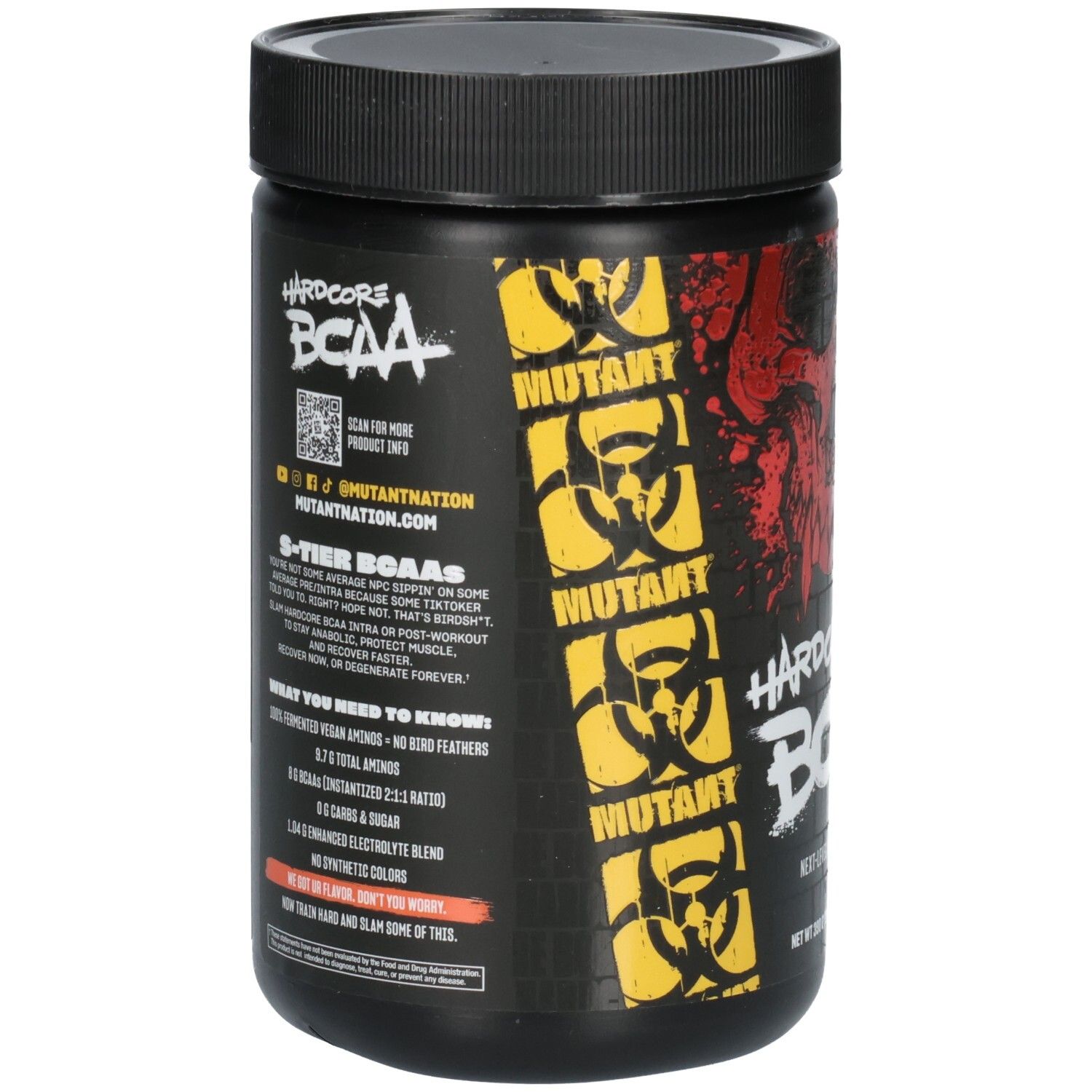 Rückseite eines Hardcore BCAA-Behälters mit Nährwertangaben und Produktinformationen. Mango.