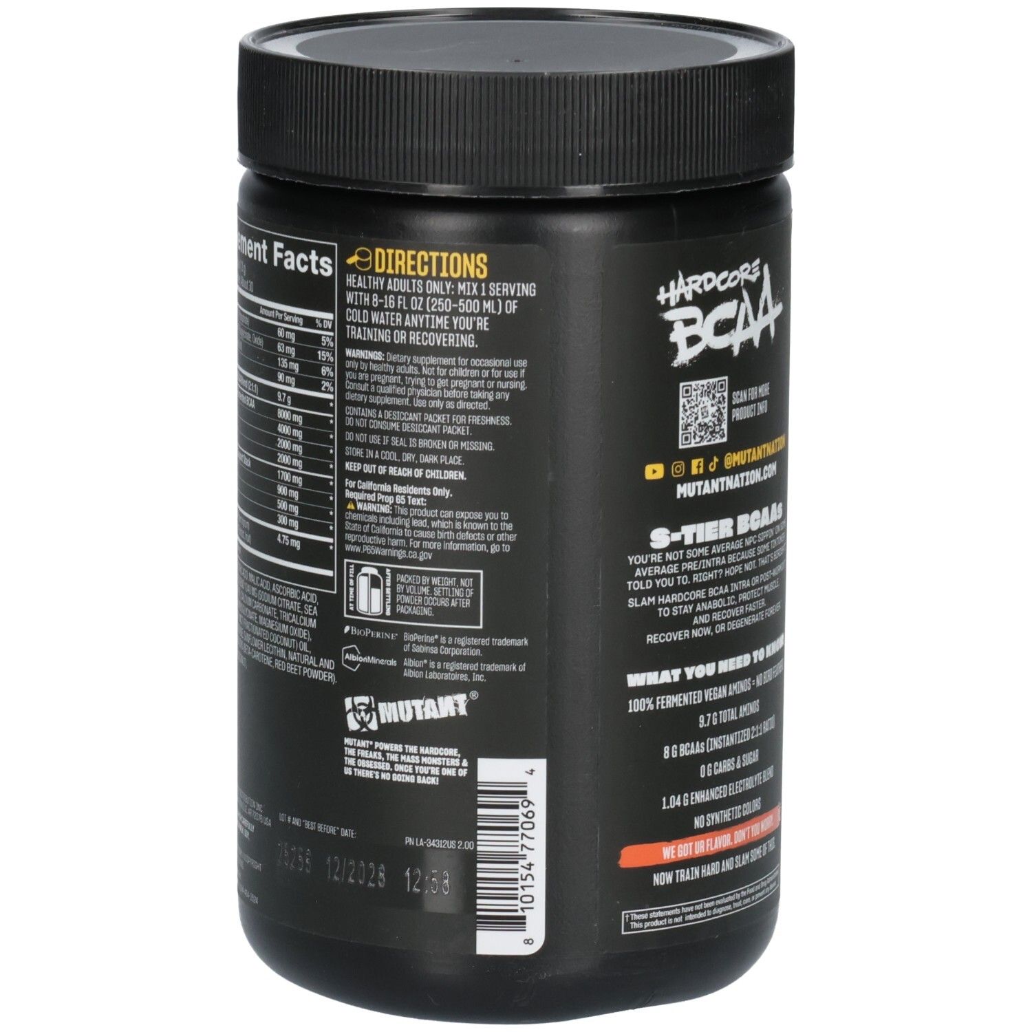 Seitenansicht eines Hardcore BCAA-Behälters mit Nährwertangaben und Anweisungen. Mango.