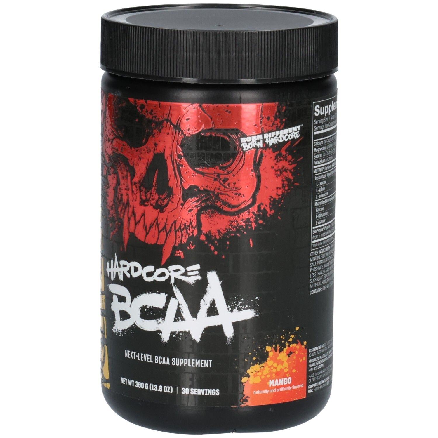 Vorderseite eines Hardcore BCAA-Behälters mit Totenkopf-Grafik und Mango-Geschmacksangabe.