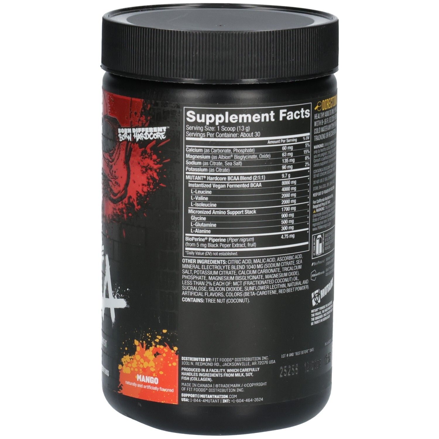 Rückseite eines Hardcore BCAA-Behälters mit Nährwertangaben, Zutaten und Mango-Geschmack.