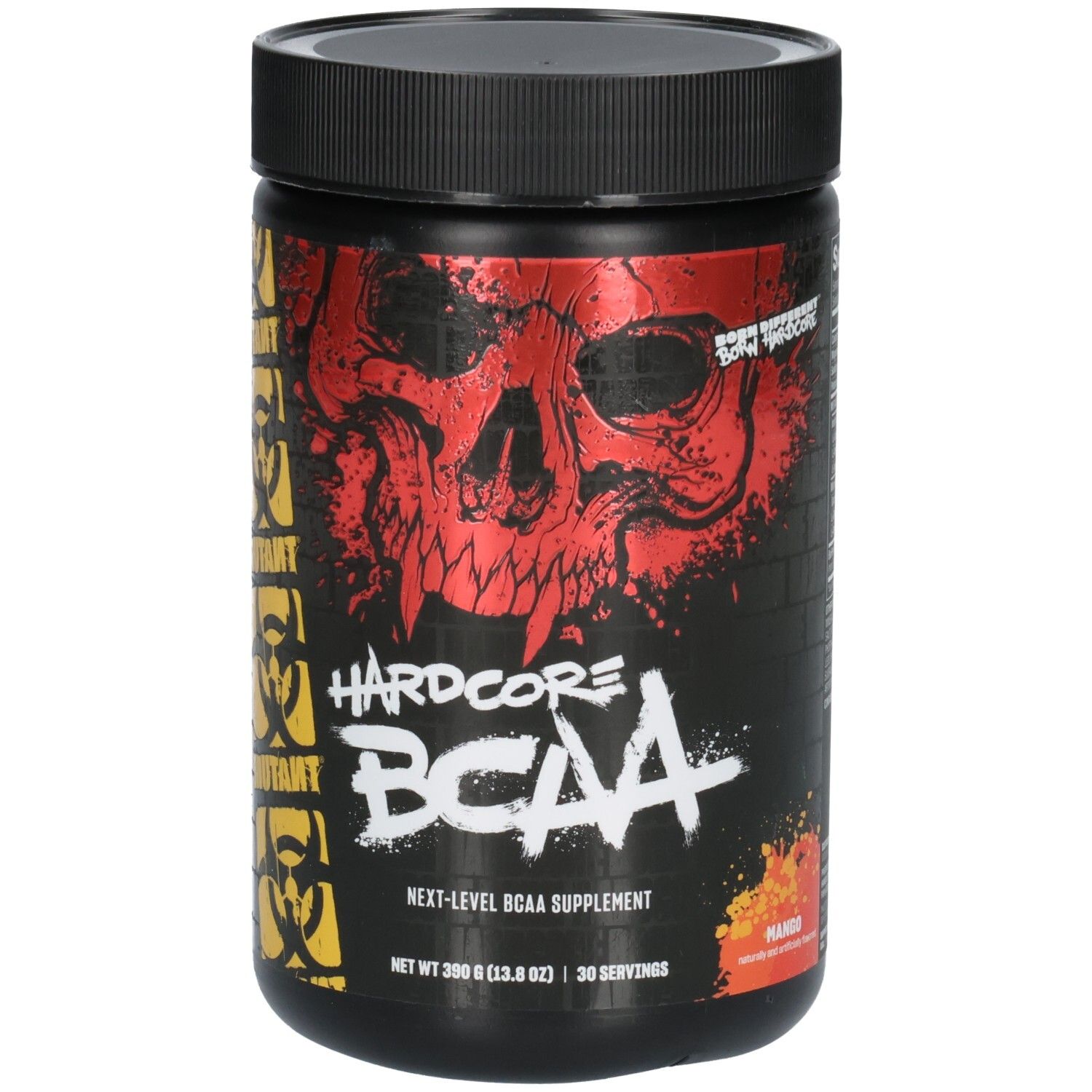 Schwarzer Behälter mit Hardcore BCAA-Aufschrift, Totenkopf-Grafik und Mango-Geschmack.