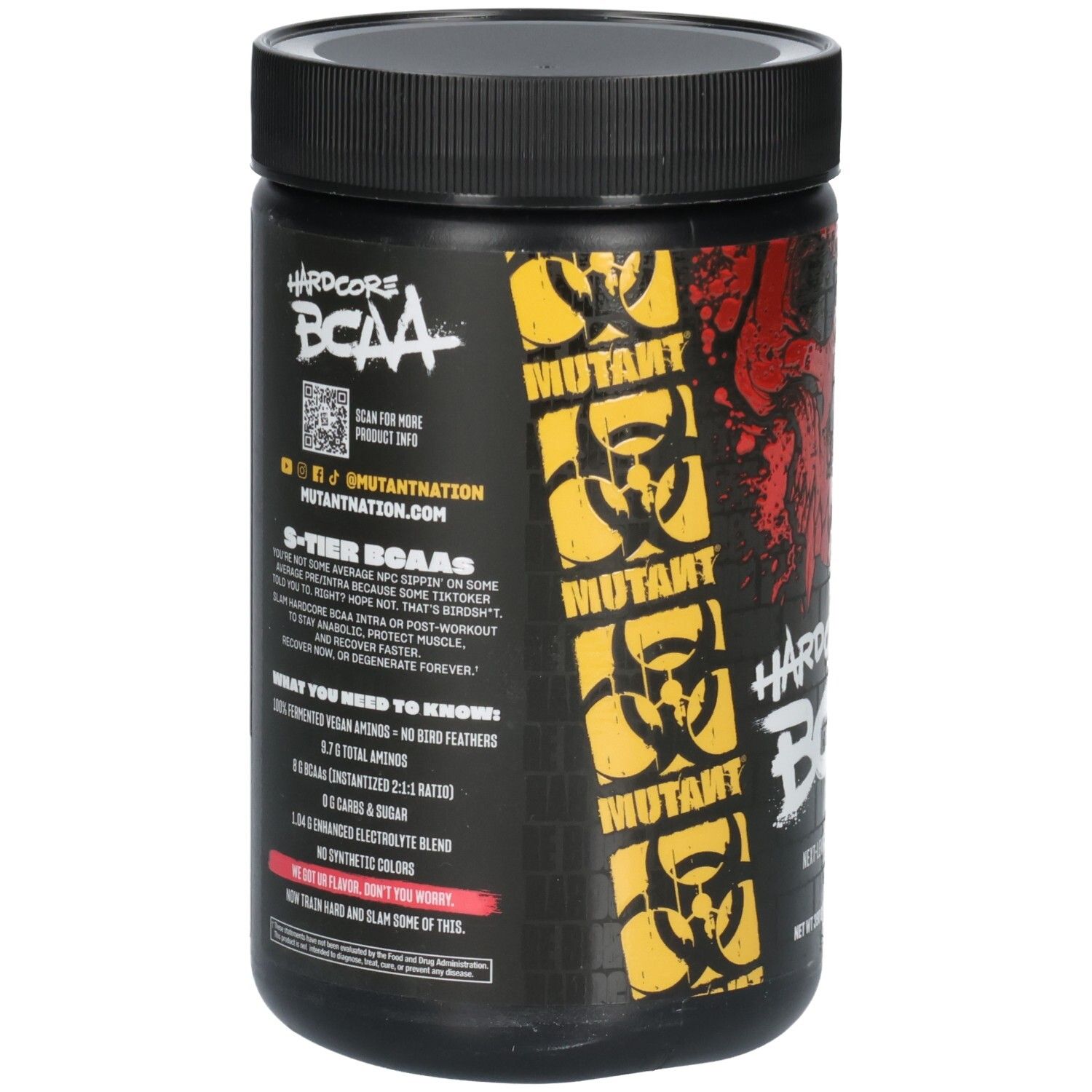 Rückseite eines Hardcore BCAA Behälters mit Nährwertangaben und Biohazard-Symbolen.