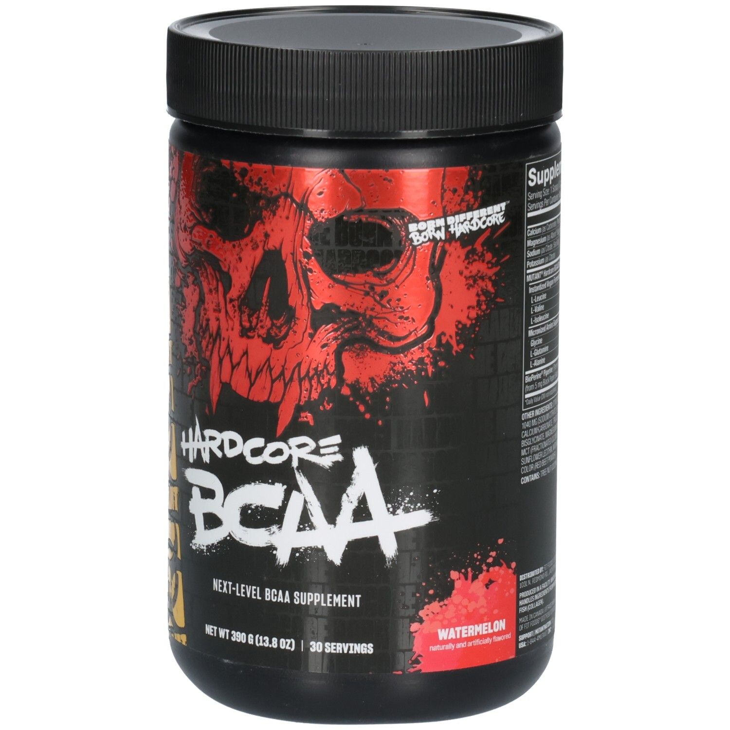 Schwarzer Behälter mit Hardcore BCAA-Aufschrift, Totenkopf-Design und Wassermelonen-Geschmack.