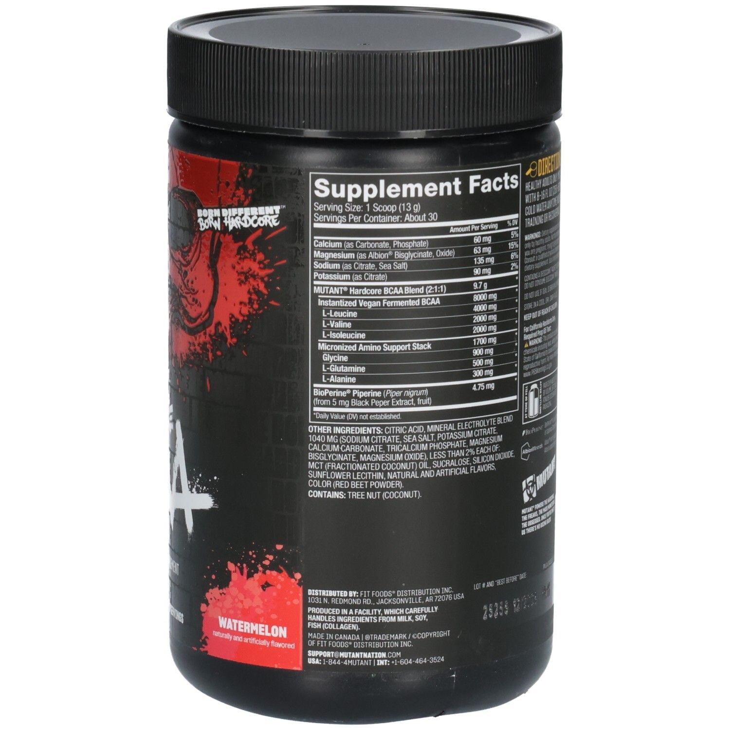 Rückseite eines Hardcore BCAA Behälters mit Nährwertangaben und Inhaltsstoffen.