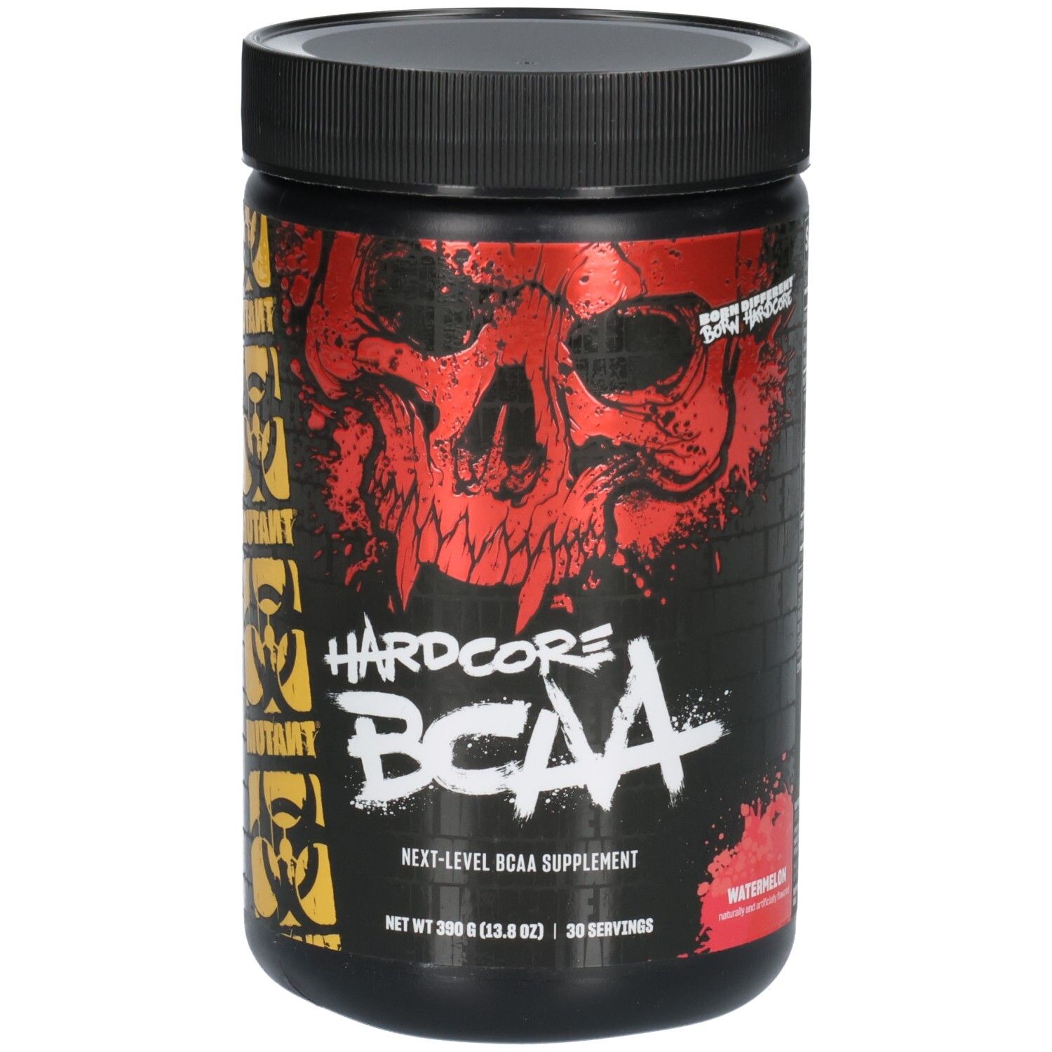 Schwarzer Behälter mit Hardcore BCAA-Aufschrift, Totenkopf-Design und Wassermelonen-Geschmack.