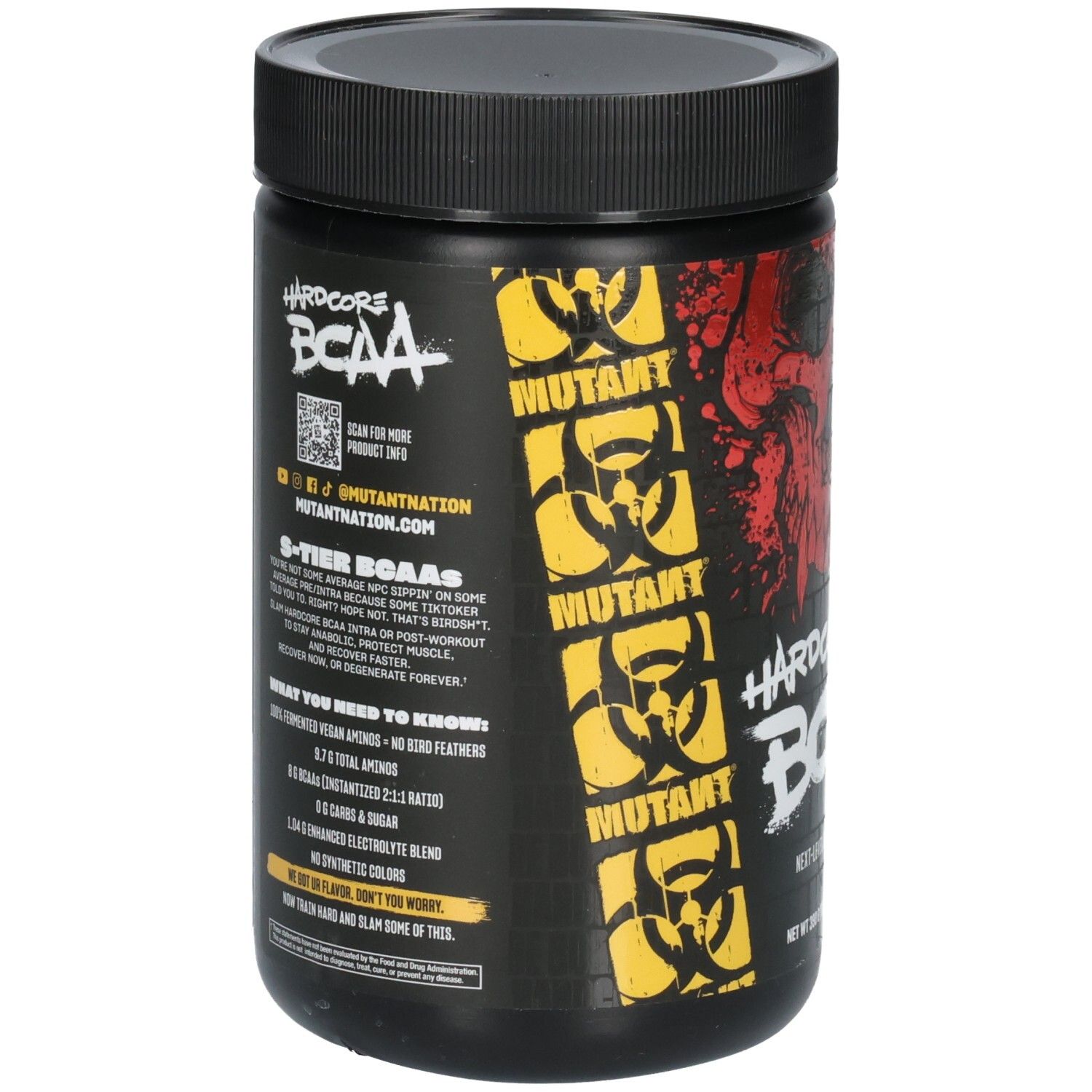 Rückseite eines Hardcore BCAA-Behälters mit Nährwertangaben und Biohazard-Symbolen.