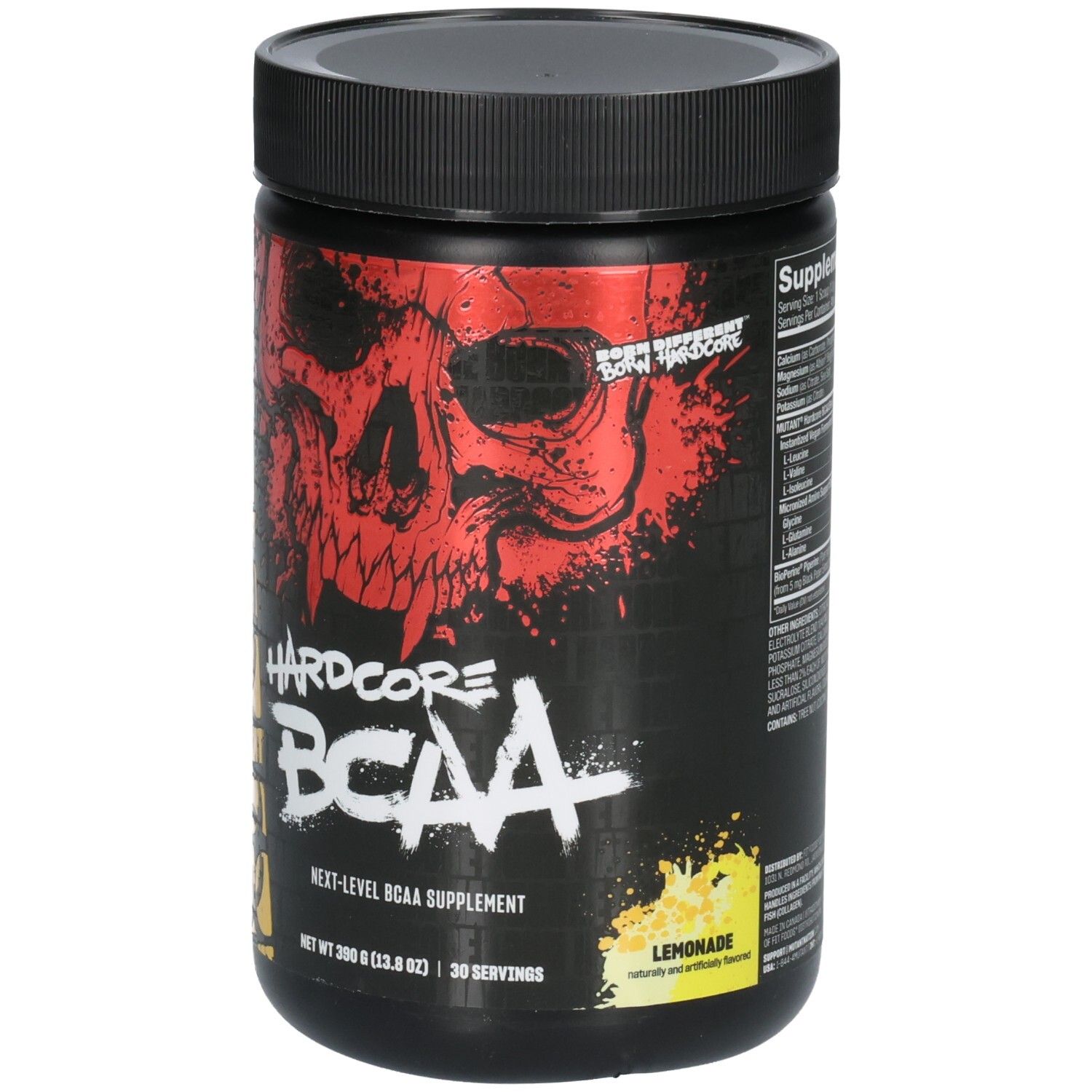 Hardcore BCAA Supplement-Behälter mit Totenkopf-Design und "Lemonade"-Geschmack.