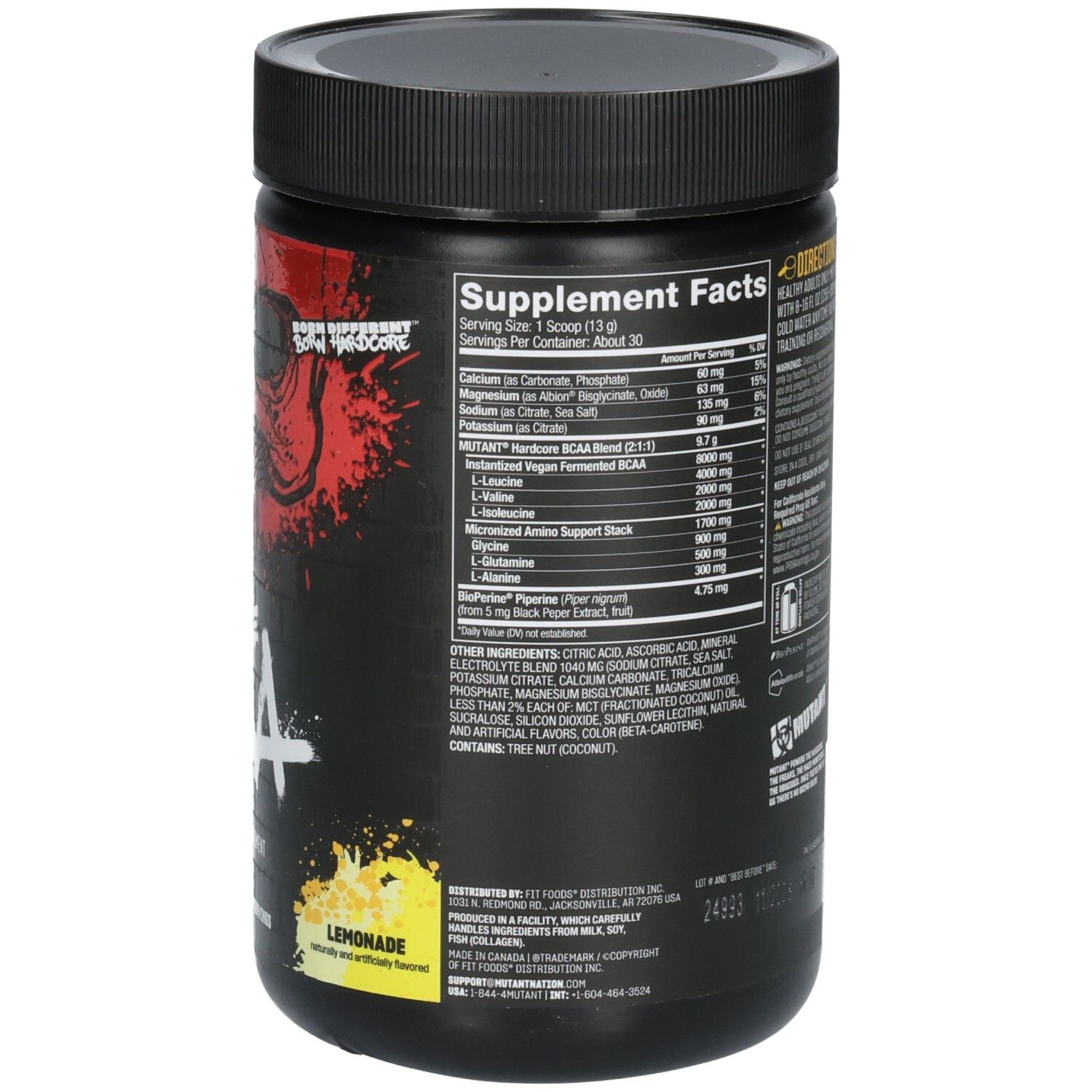 Vorderseite eines Hardcore BCAA-Behälters mit Nährwertangaben und Produktinformationen.