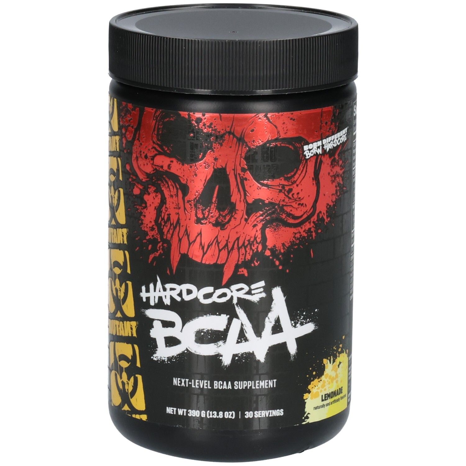Hardcore BCAA Supplement-Behälter mit Totenkopf-Design und "Lemonade"-Geschmack.