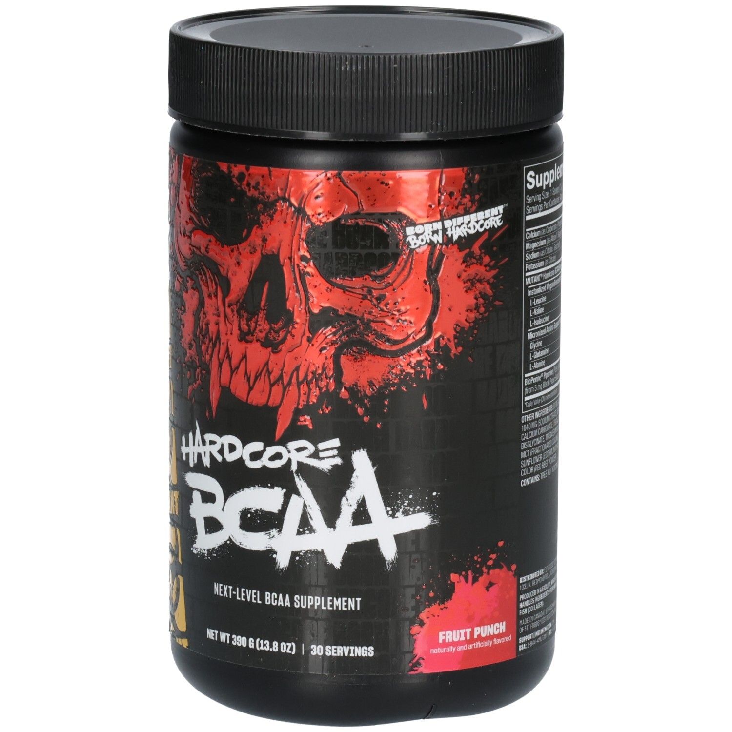 Vorderseite des Behälters mit Totenkopf-Design, "Hardcore BCAA" und "Fruit Punch" Geschmack.