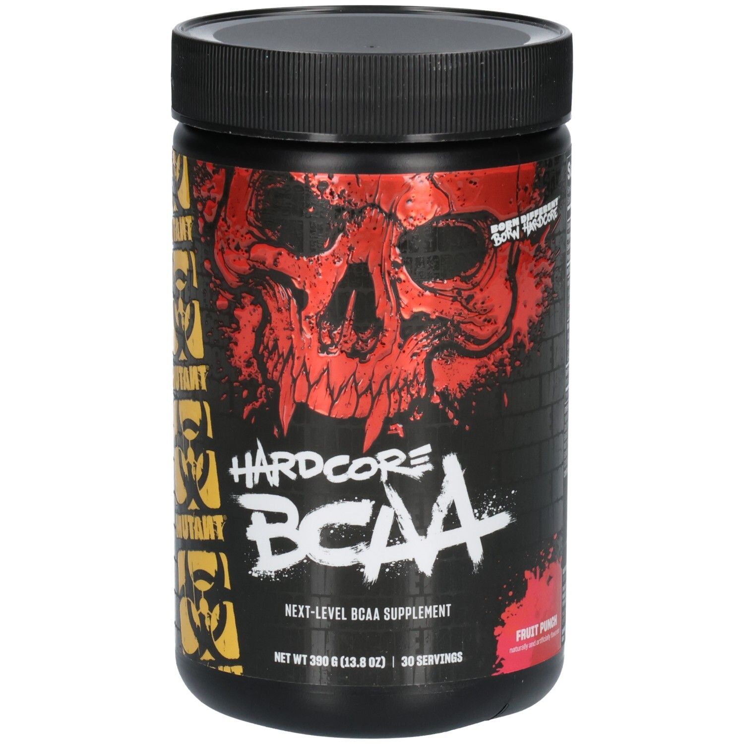 Schwarzer Behälter mit Totenkopf-Grafik, "Hardcore BCAA" und "Fruit Punch" Geschmack.