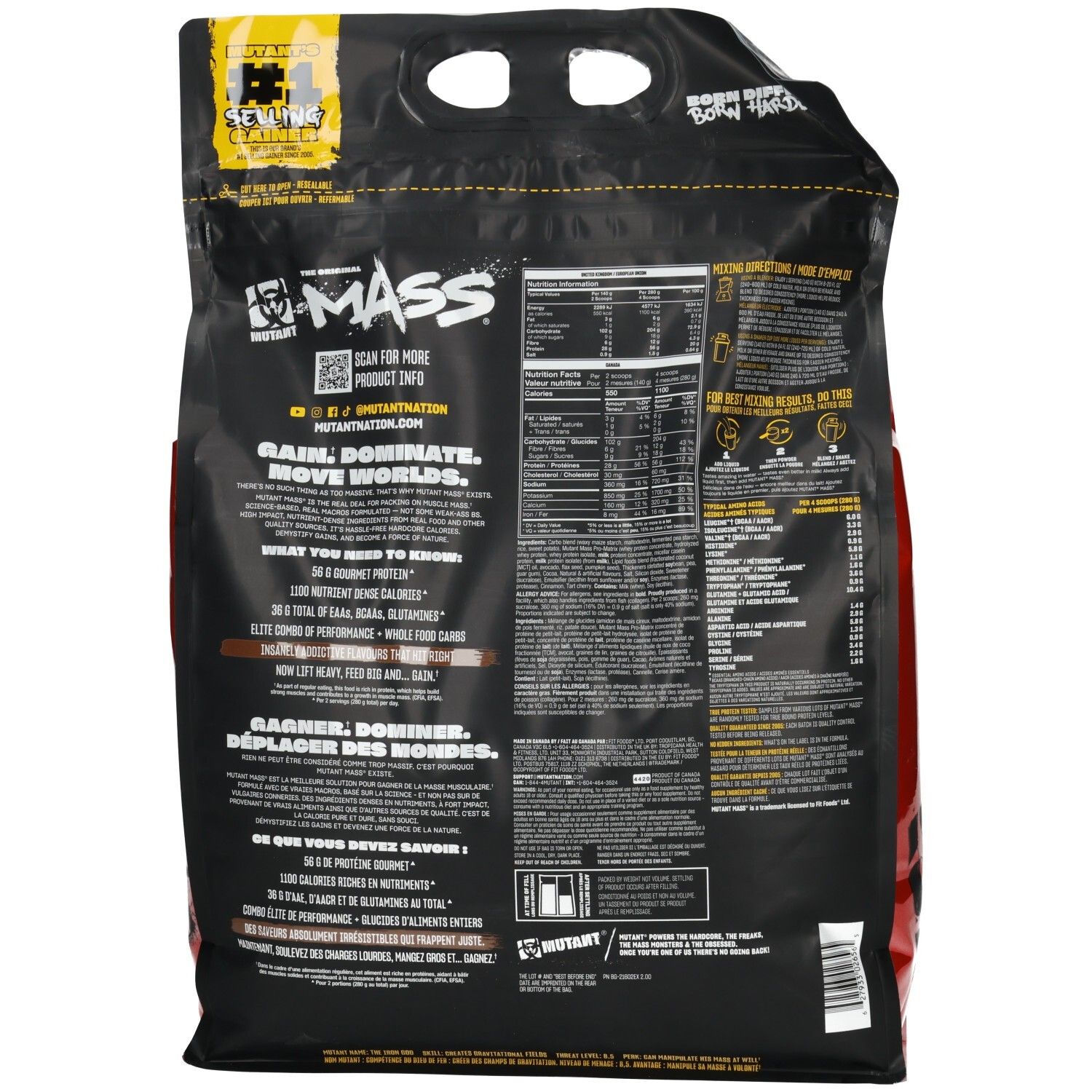 Rückseite eines schwarzen Beutels mit Nährwertangaben und Produktinformationen für "Mutant Mass".