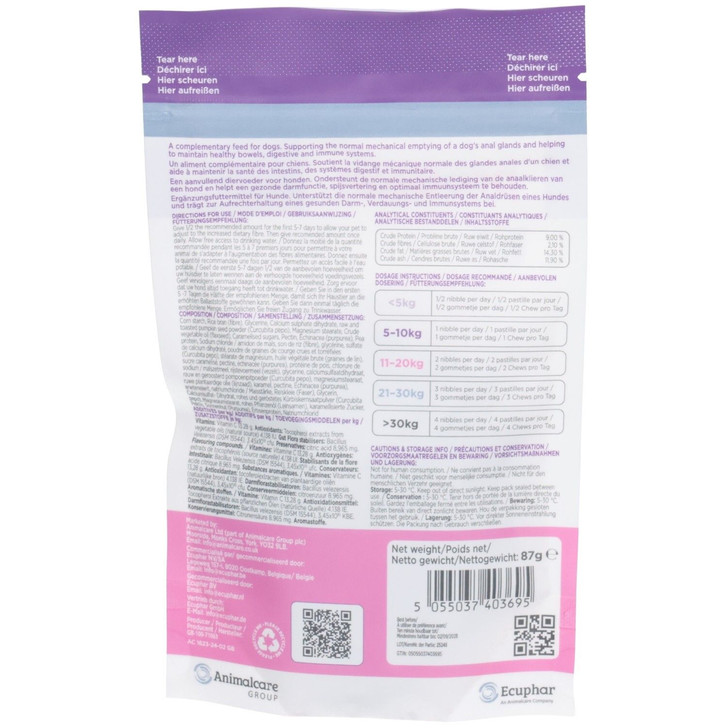 Rückseite der Pro Glan 30 Chews Verpackung. Text mit Informationen zu Inhaltsstoffen, Dosierung und Hersteller. Vegan.