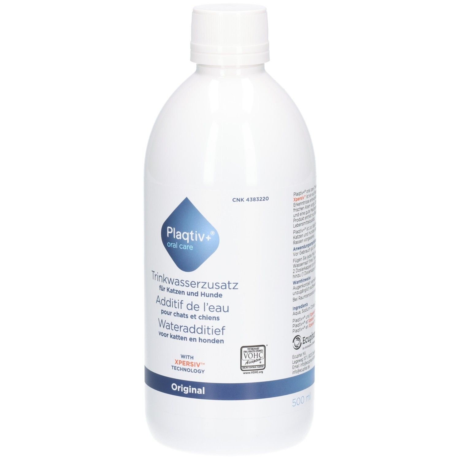 Weiße Flasche mit blauem Etikett. Aufschrift: Plaqtiv+ oral care, Trinkwasserzusatz, Wateradditief. Mit Xpersiv Technologie. Original.