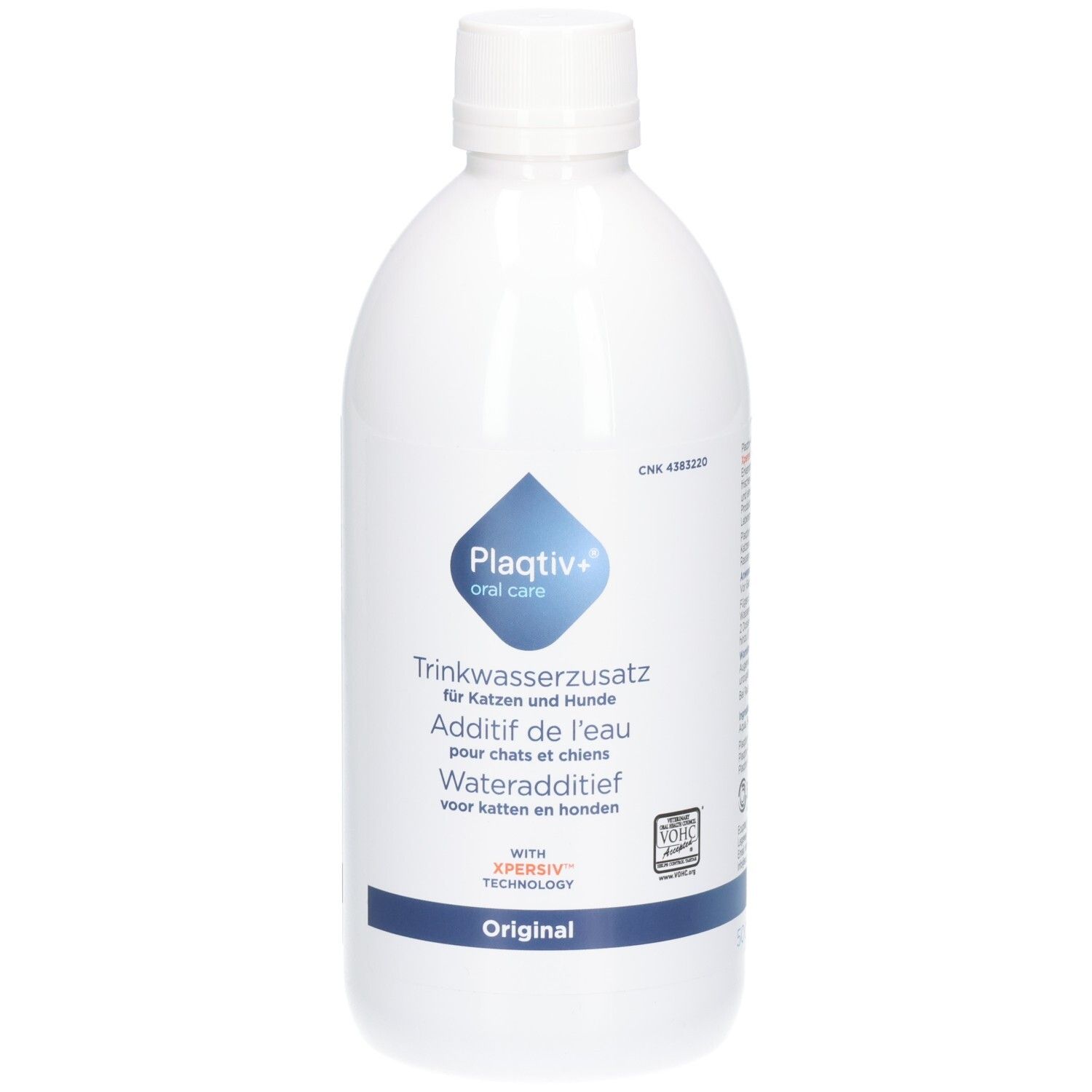 Weiße Flasche mit blauem Etikett. Aufschrift: Plaqtiv+ oral care, Trinkwasserzusatz, Wateradditief. Mit Xpersiv Technologie. Original.