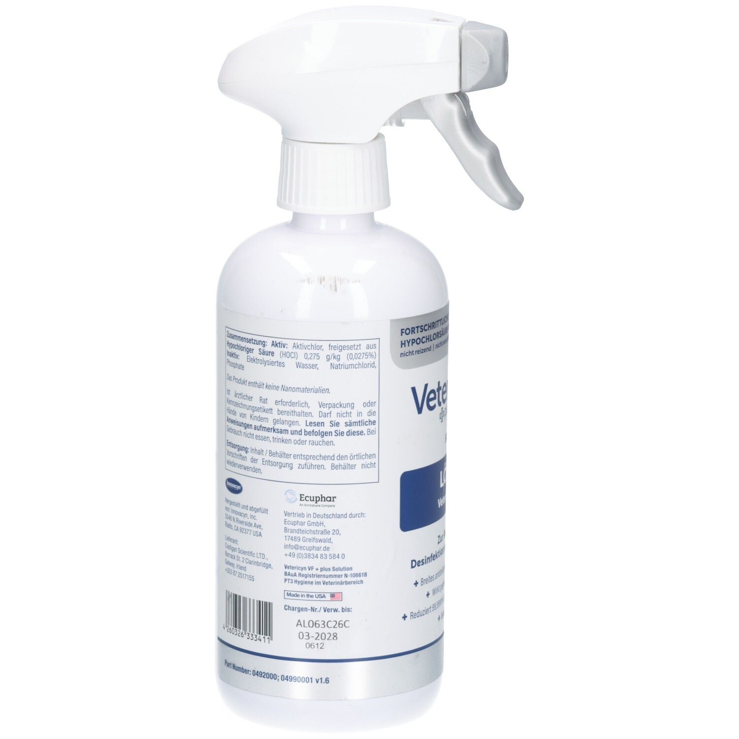 Rückseite der weißen Sprühflasche. Text und Informationen zur Anwendung und Inhaltsstoffen. Barcode und Herstellerangaben.