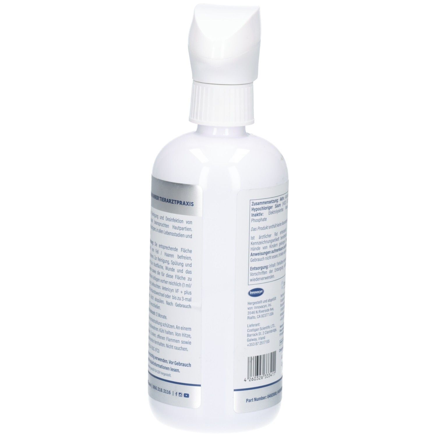 Rückansicht der weißen Sprühflasche. Text und Informationen zur Anwendung und Inhaltsstoffen. Barcode und Herstellerangaben.