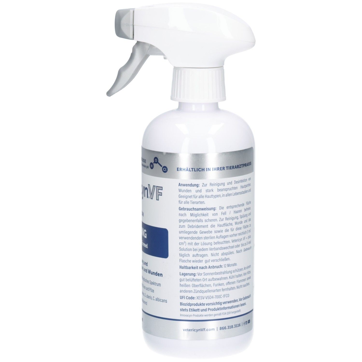 Rückseite der weißen Sprühflasche. Text und Informationen zur Anwendung und Inhaltsstoffen. Barcode und Herstellerangaben.