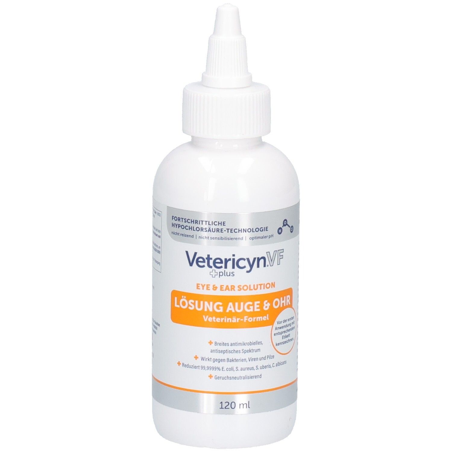 Weiße Flasche mit Spitze. Aufschrift: Vetericyn VF plus EYE & EAR SOLUTION LÖSUNG AUGE & OHR. Orangefarbener Streifen mit Text.