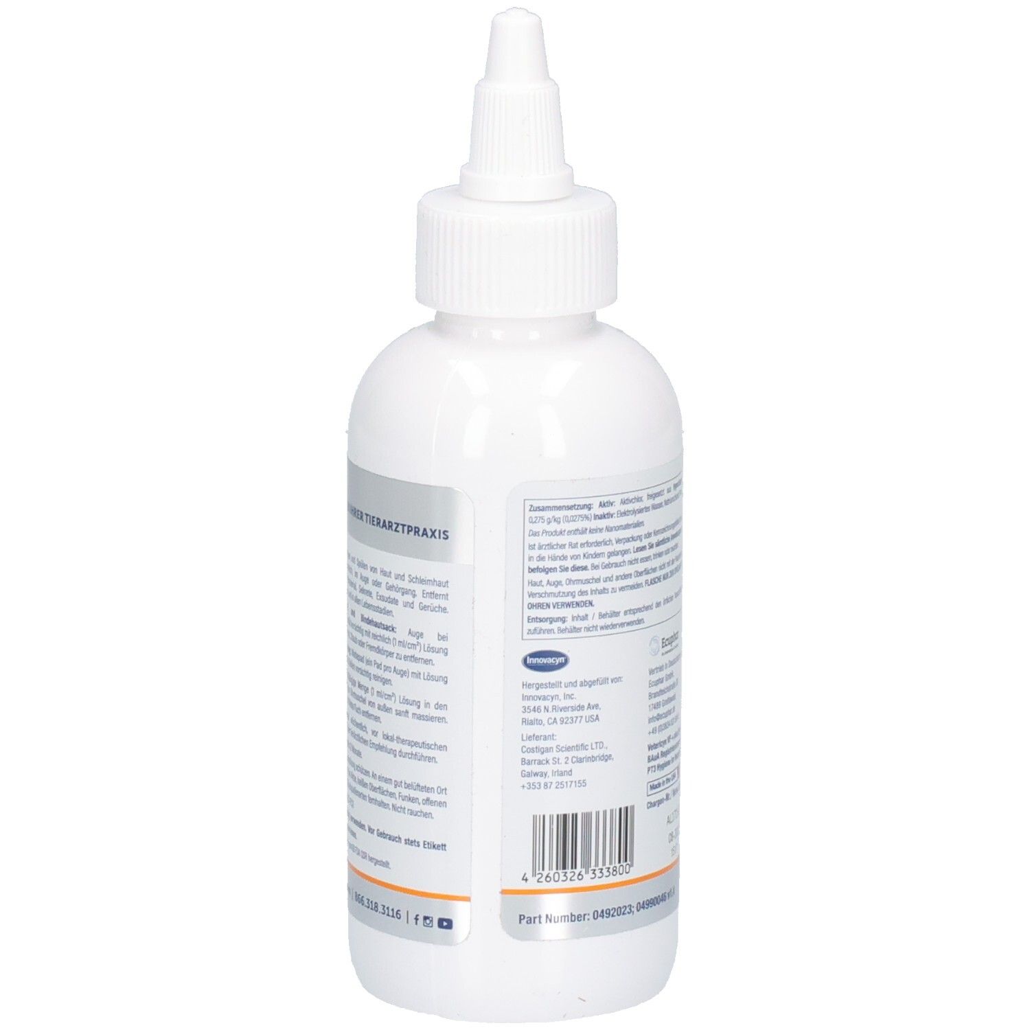 Weiße Flasche mit Spitze. Rückseite mit Text und Barcode. Aufschrift: Vetericyn VF. Etikett mit Informationen und Barcode.
