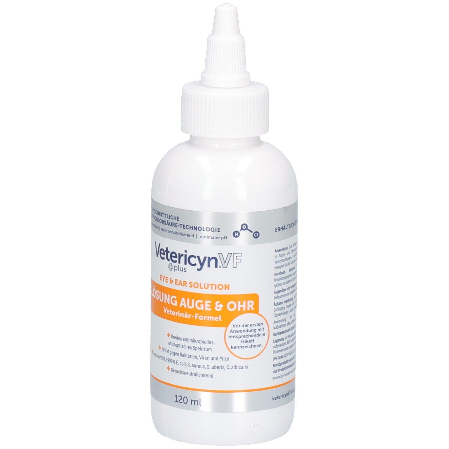 Weiße Flasche mit Spitze. Aufschrift: Vetericyn VF plus EYE & EAR SOLUTION LÖSUNG AUGE & OHR. Orangefarbener Streifen mit Text.
