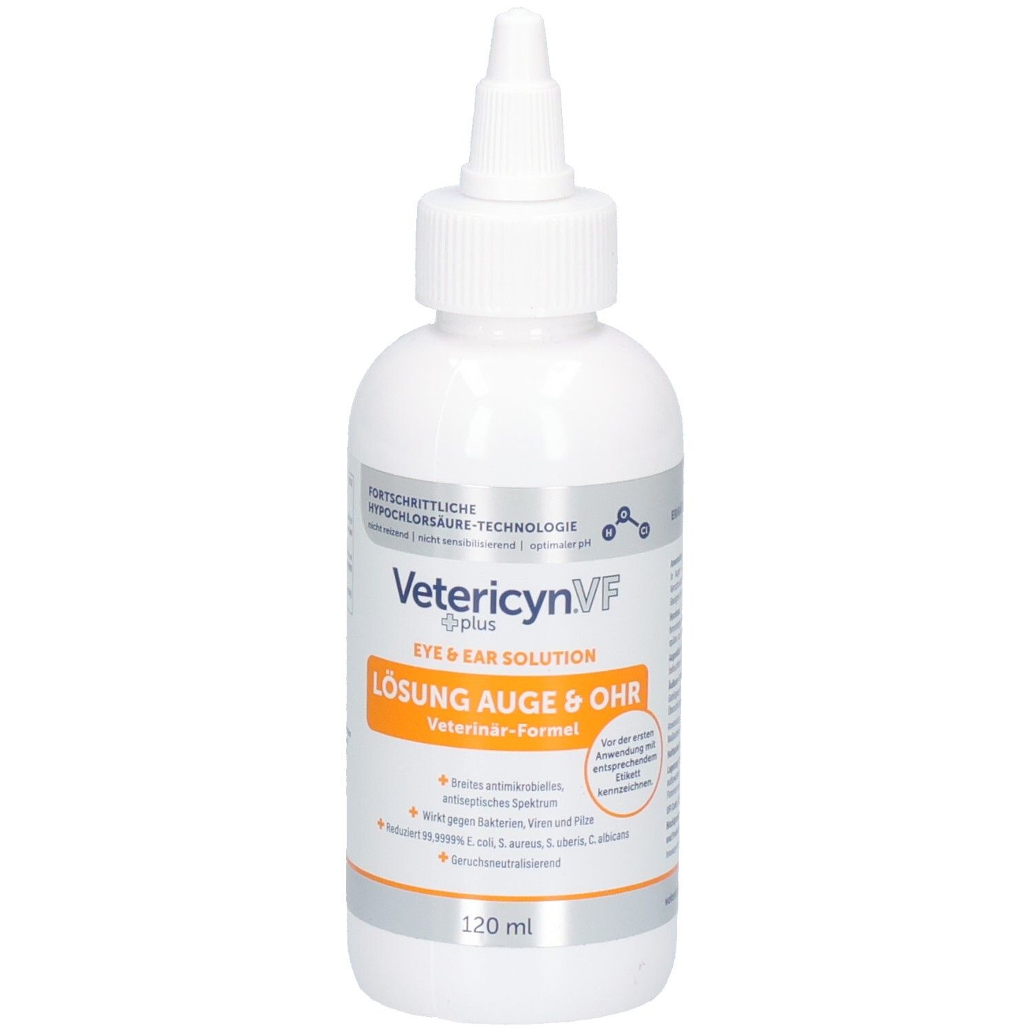 Weiße Flasche mit Spitze. Aufschrift: Vetericyn VF plus EYE & EAR SOLUTION LÖSUNG AUGE & OHR. Orangefarbener Streifen mit Text.