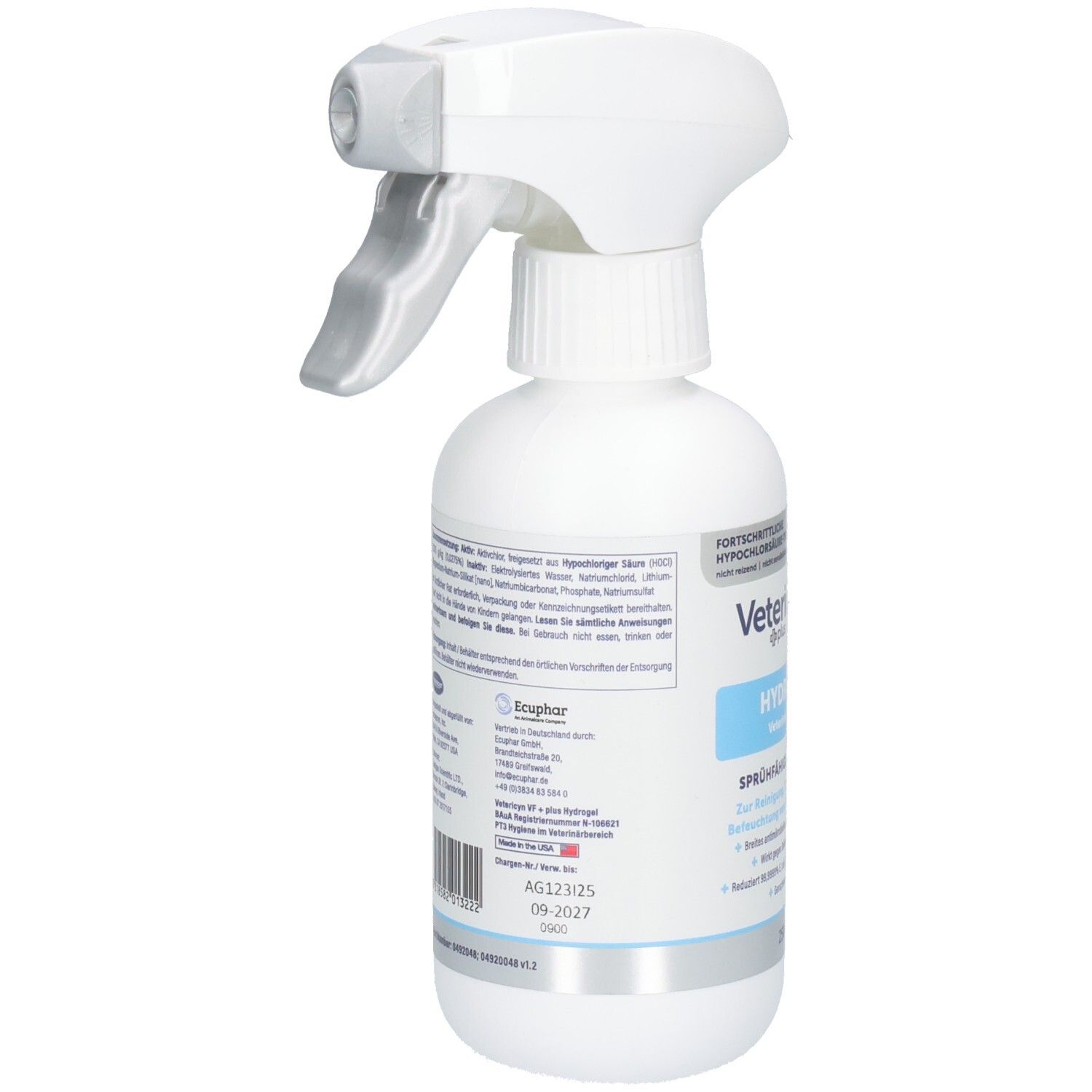 Weiße Sprühflasche, Rückseite. Aufschrift: Vetericyn VF plus Hydrogel. Etikett mit Text und Barcode. Graue und blaue Elemente.