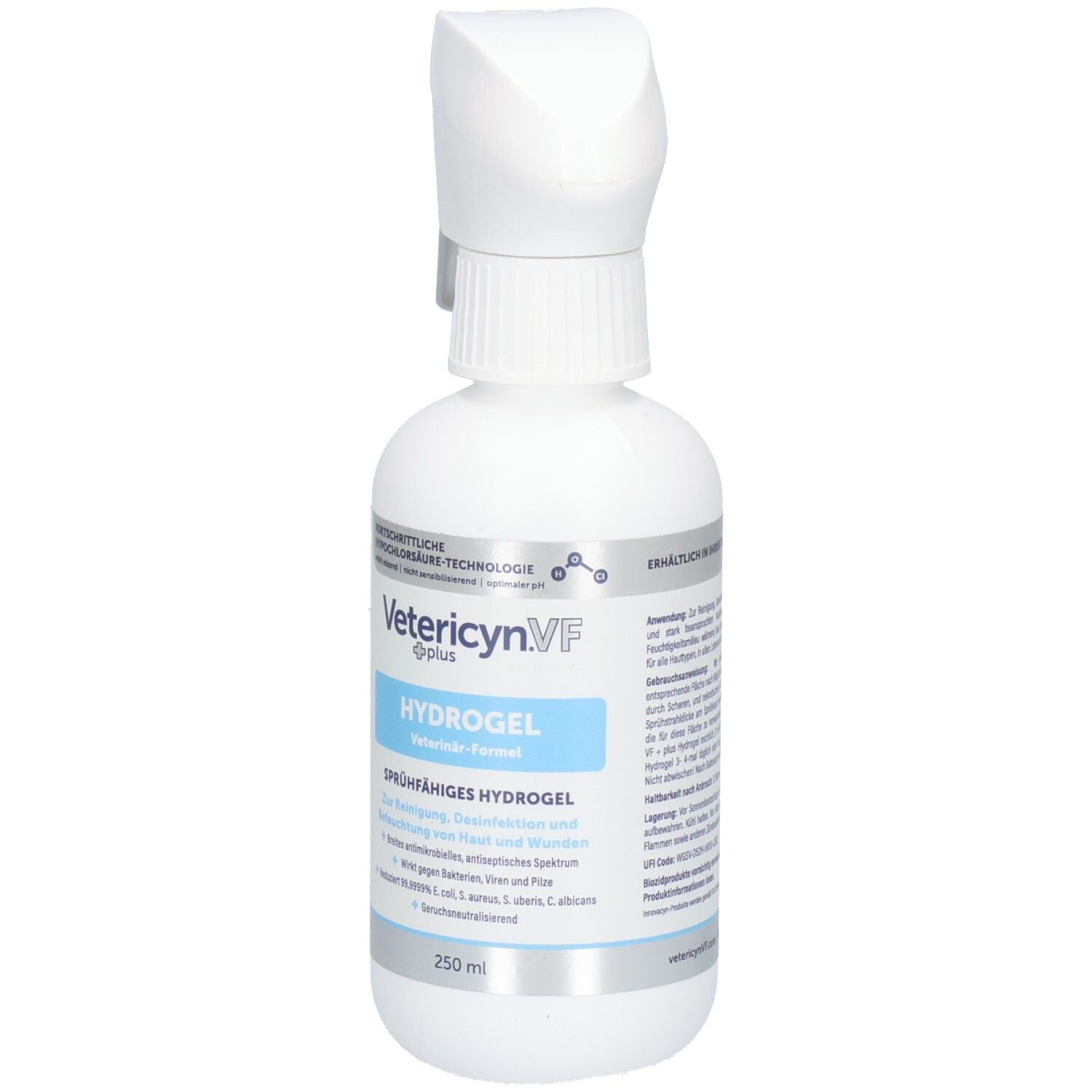 Weiße Sprühflasche. Aufschrift: Vetericyn VF plus Hydrogel. Blaue Schriftfelder. Grauer Sprühkopf. 250 ml.