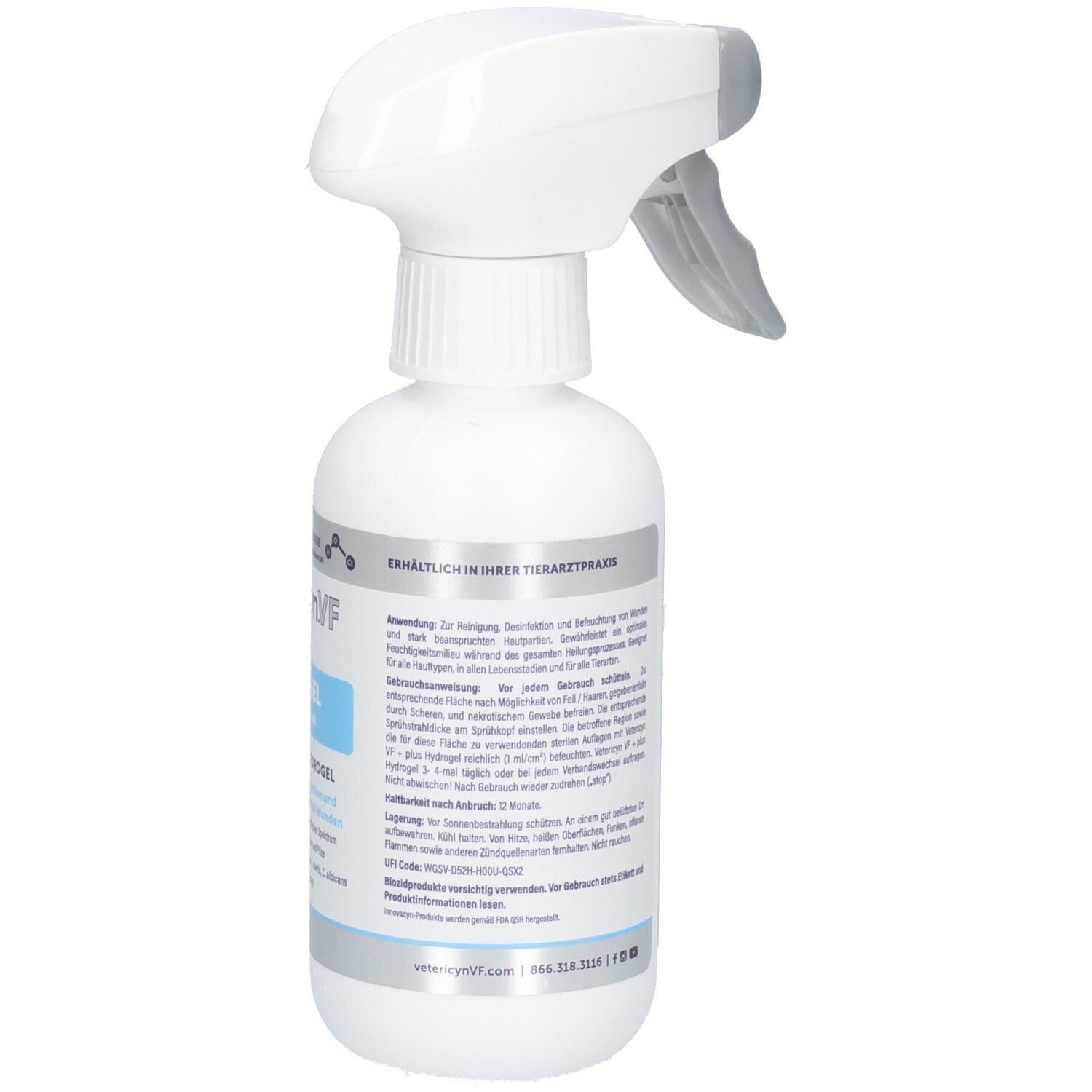 Weiße Sprühflasche. Aufschrift: Vetericyn VF plus Hydrogel. Blaue Schriftfelder. Grauer Sprühkopf. Text über Anwendung.
