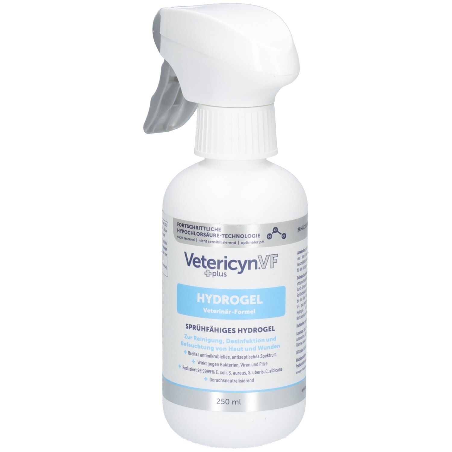 Weiße Sprühflasche. Aufschrift: Vetericyn VF plus Hydrogel. Blaue Schriftfelder. Grauer Sprühkopf. 250 ml.