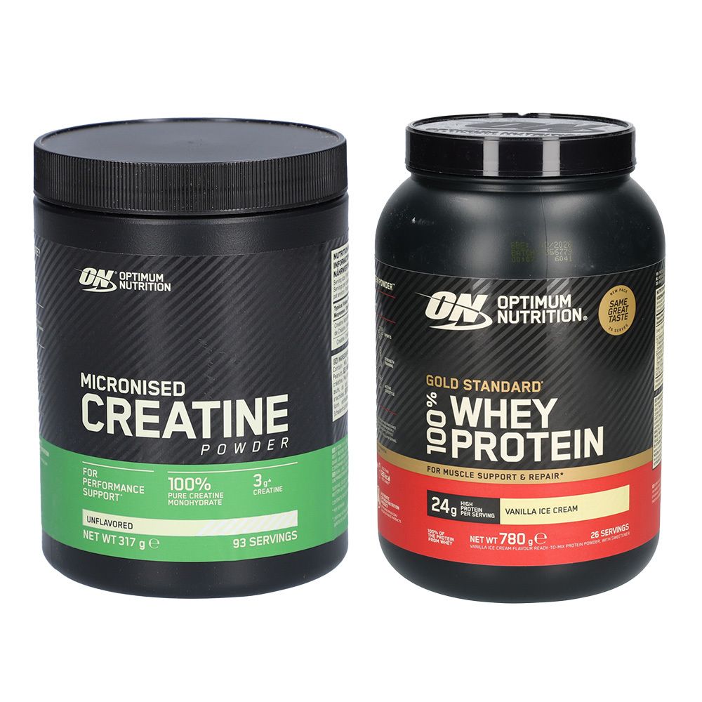 Zwei schwarze Behälter. Einer mit "Micronised Creatine Powder", der andere mit "Gold Standard Whey Protein" von Optimum Nutrition.