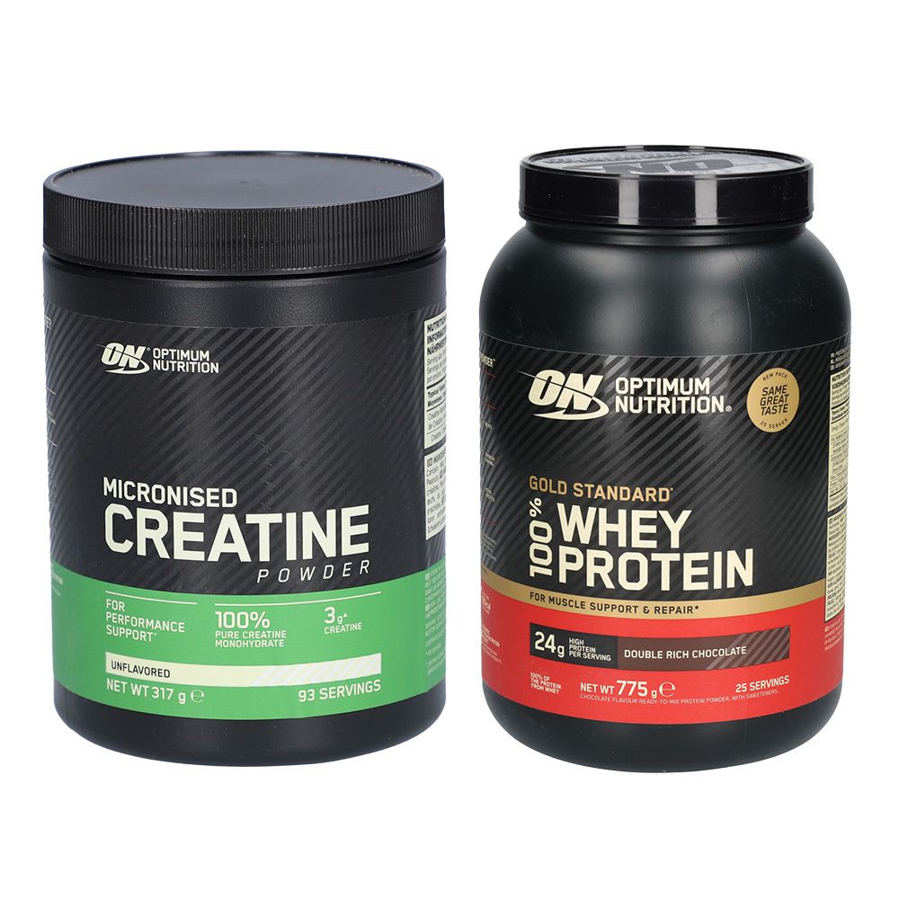 Zwei schwarze Behälter. Einer mit „Micronised Creatine Powder“, der andere mit „Gold Standard 100% Whey Protein“. Beide mit Logos und Text.