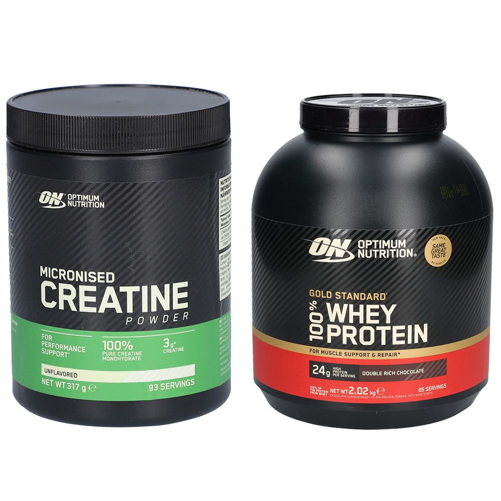 Zwei schwarze Behälter. Einer mit „Micronised Creatine“, der andere mit „Gold Standard Whey Protein“ von Optimum Nutrition.