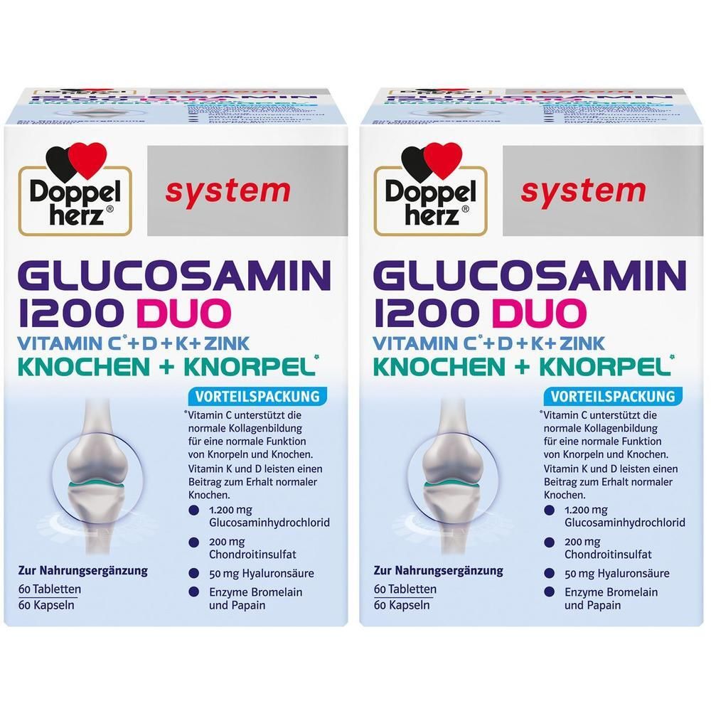 Zwei Packungen Doppelherz system GLUCOSAMIN 1200 DUO. Vorteilspackung. Enthält Vitamin C, D, K, Zink. Knochen + Knorpel. 60 Tabletten + 60 Kapseln.